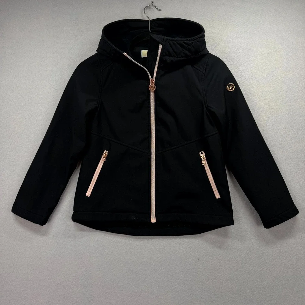 Michael Kors Soft Shell Jacket Girls 7/8 Black Fleece Lined Hooded Gold Full Zip